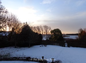 Southerly views of morning light, across a light snowscape. 