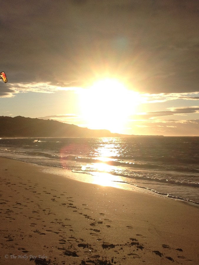 IMG_4506 - (c) www.TheHollyTreeTales.com. Sunset. Beach. Windsurfer. British East Coast. Gullane. Waves. Footprints.