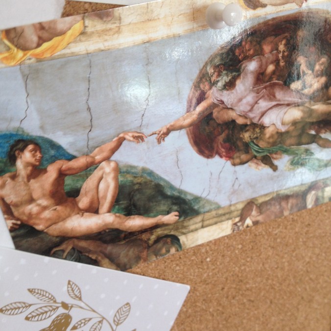 Michaelangelo. The Creation of Adam. Finger of God. Postcard on Pinboard ~ The Holly Tree Tales. (c) www.TheHollyTreeTales.com