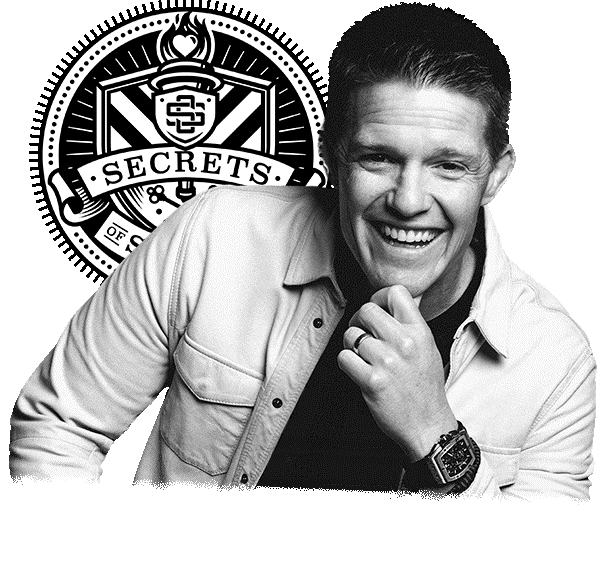 Russell Brunson and the Secrets Of Success logo. Black and White. Smiling.